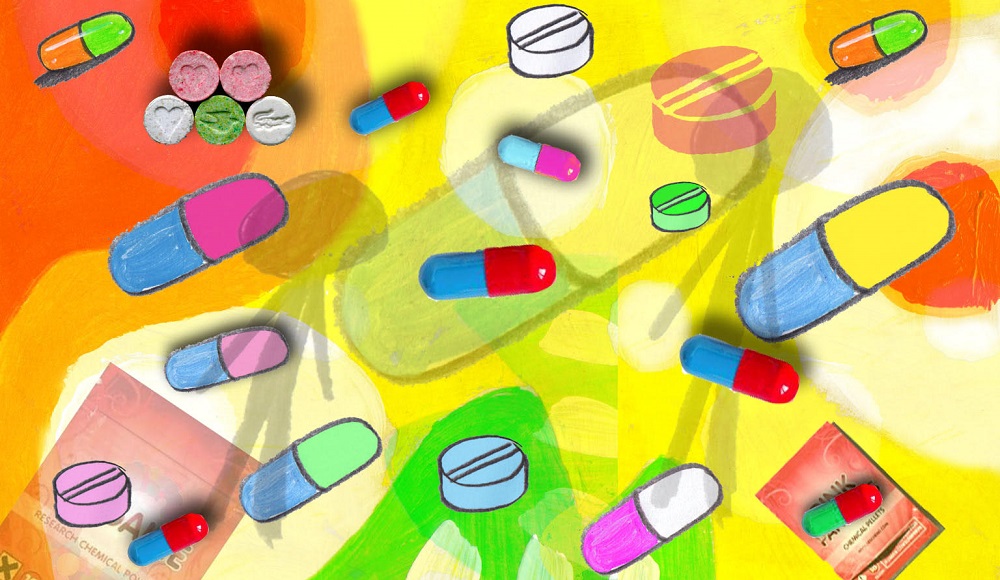 Piece of artwork depicting legal highs including tablets and capsules - new psychoactive drugs Forum