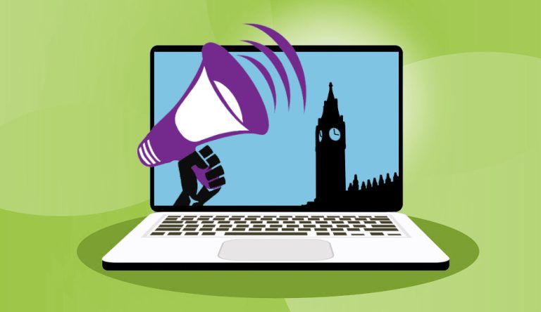 Illustration of a laptop on a green background. On the laptop screen is a hand holding a megaphone and the Houses of Parliament