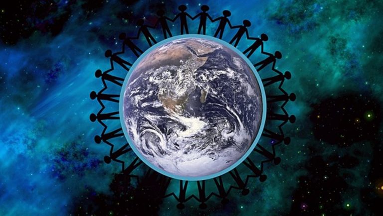 graphic showing a line of people holding hands around the planet earth against a background of space for a-z blog