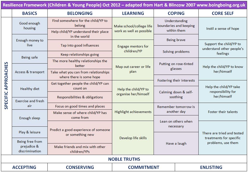 Coloured table of the resilient moves that make up the Resilience Framework with the Noble Truths