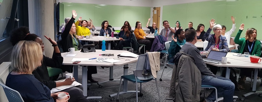 A group of people sat at tables in a meeting, some raising their hands to indicate whether they are academics, practitions, parents, students etc