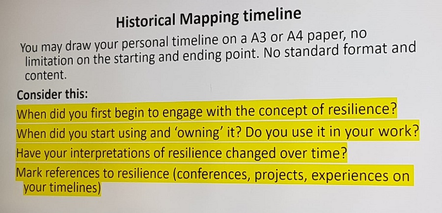 Instructions for Historical Mapping Timeline activity, an arts based approach: You may draw your personal timeline on A3 or A4 paper, no limitation on the starting and ending point. No standard format and content. Consider this: When did you first begin to engage with the concept of resilience? When did you start using and 'owning' it? Do you use it in your work? Have your interpretations of resilience changed over time? Mark references to resilience (conferences, projects, experiences on your timelines).