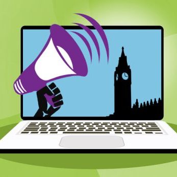 Illustration of a laptop on a green background. On the laptop screen is a hand holding a megaphone and the Houses of Parliament